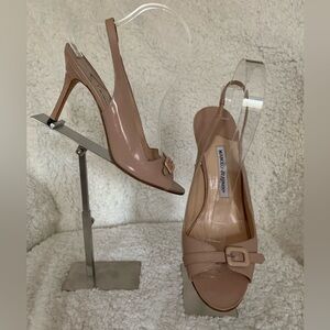 Manolo Blahnik nude patent leather dress sandals